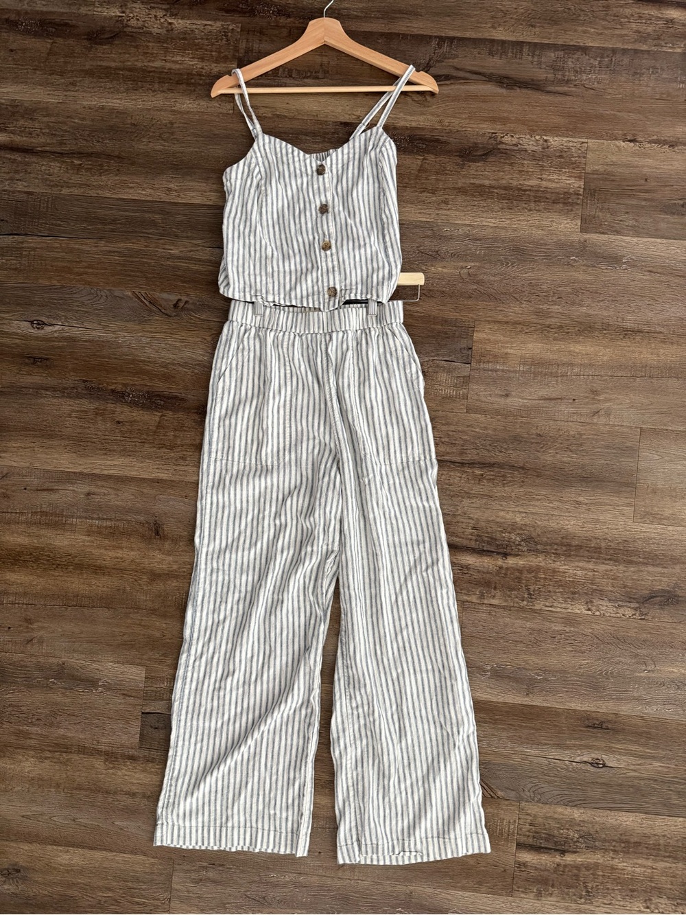 Marine Layer Striped Linen-Blend Wide Leg Two-Piece Jumpsuit in Cream & Navy